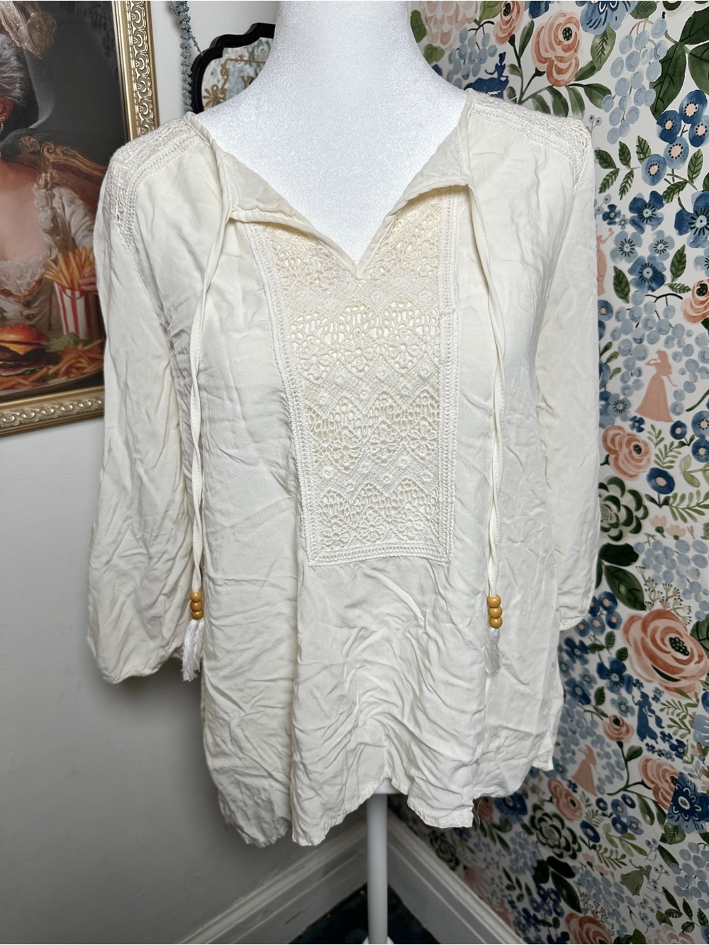 Garage Cream Crochet Panel Peasant Tunic
